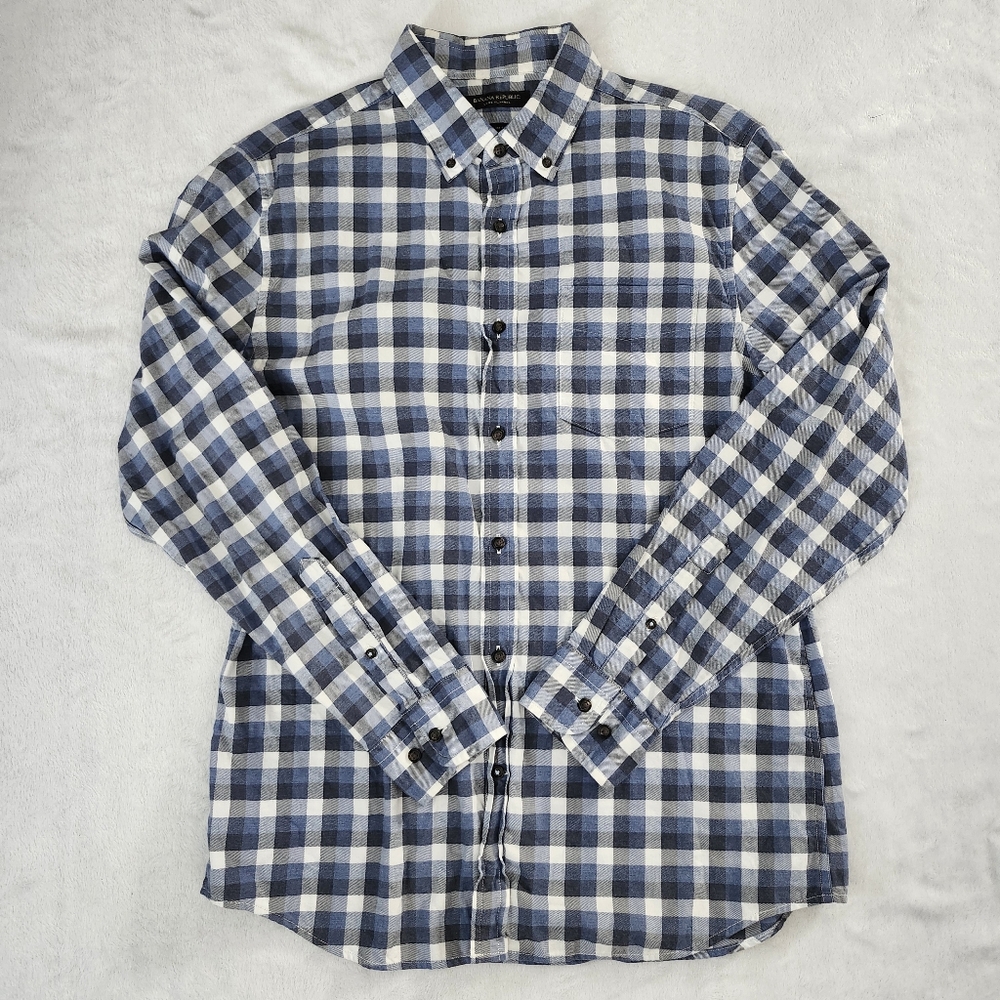 BANANA REPUBLIC‎ Men's Check Plaid Slim Fit Flannel Shirt Large Grey Blue Casual